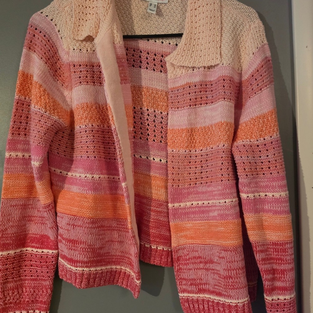 Isaac Mizrahi Live Pink Orange Striped Pointelle Zip Cardigan Sweater Small